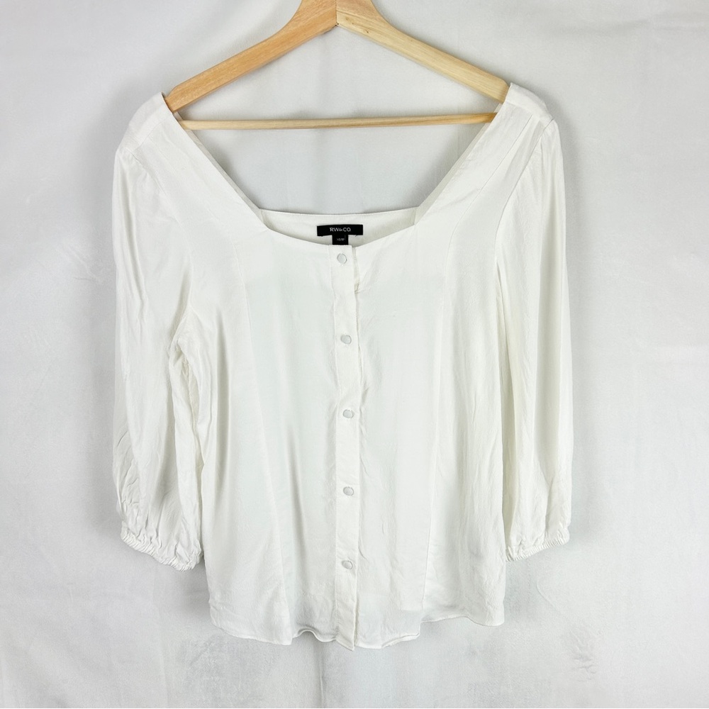 RW&CO Puff Sleeve Square Neck Button Front‎ Blouse Size XS White 3/4 Sleeve